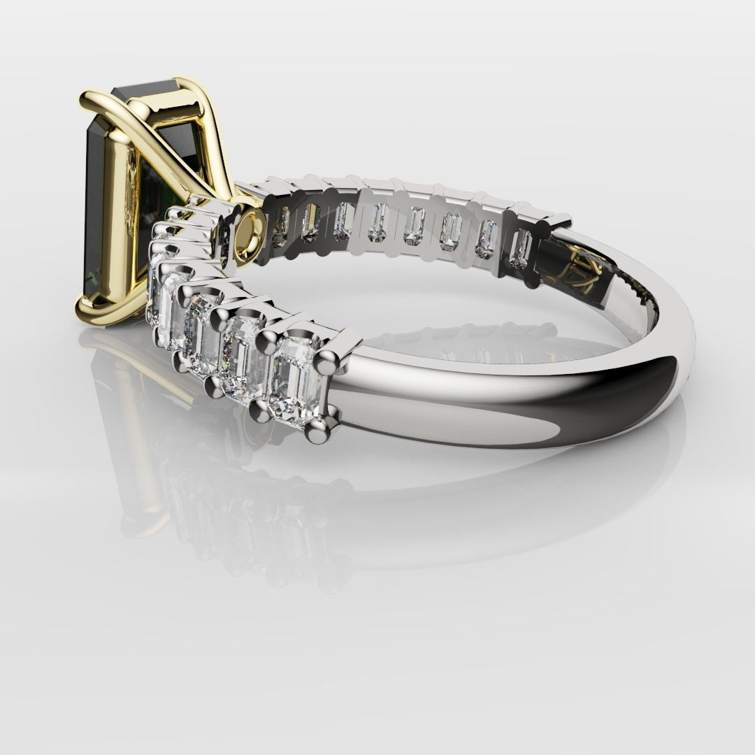 Green Emerald Engagement Ring With Emerald Cut Shoulder Diamonds