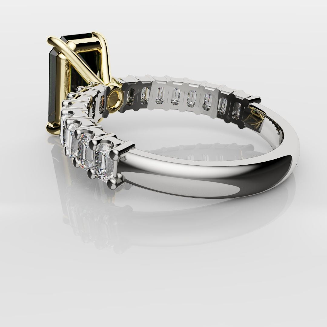 Green Emerald Engagement Ring With Emerald Cut Shoulder Diamonds