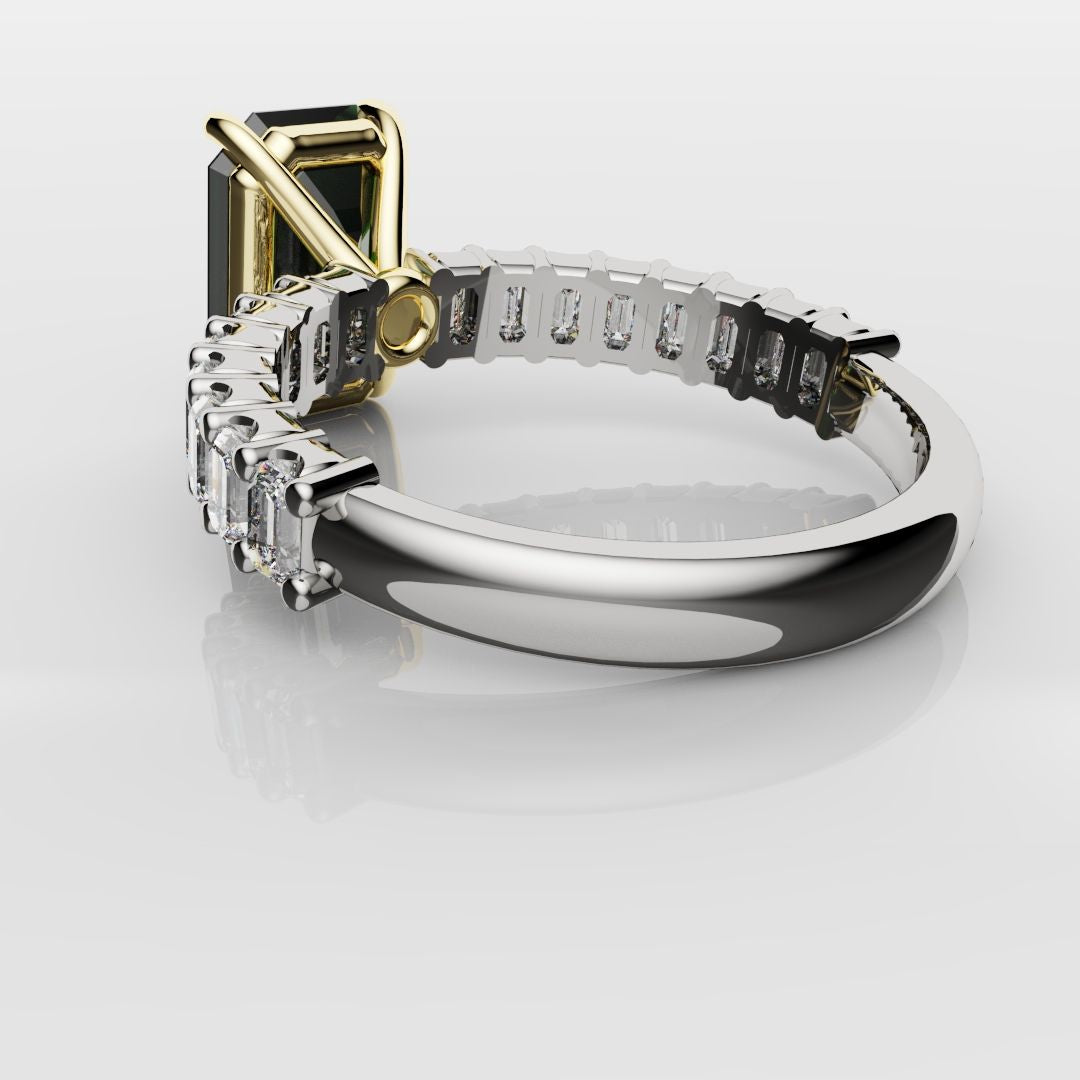 Green Emerald Engagement Ring With Emerald Cut Shoulder Diamonds