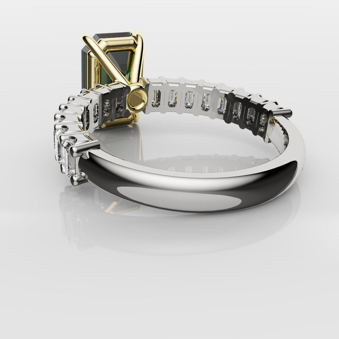 Green Emerald Engagement Ring With Emerald Cut Shoulder Diamonds