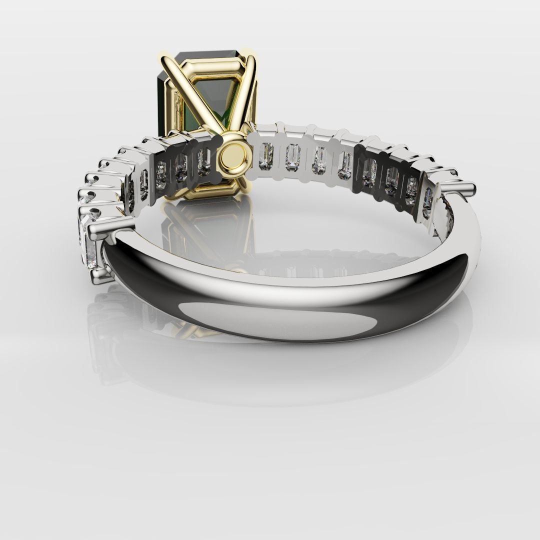 Green Emerald Engagement Ring With Emerald Cut Shoulder Diamonds