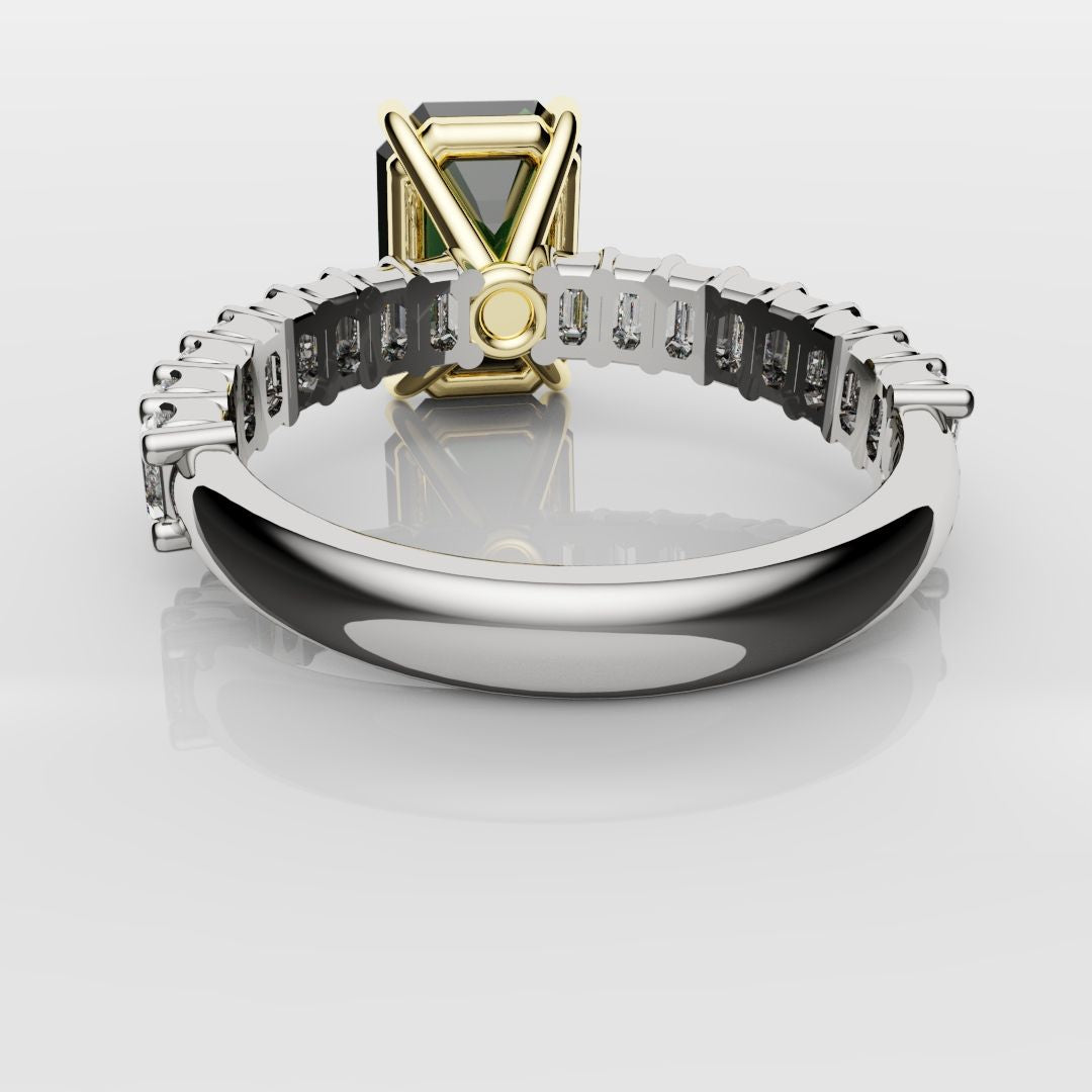 Green Emerald Engagement Ring With Emerald Cut Shoulder Diamonds