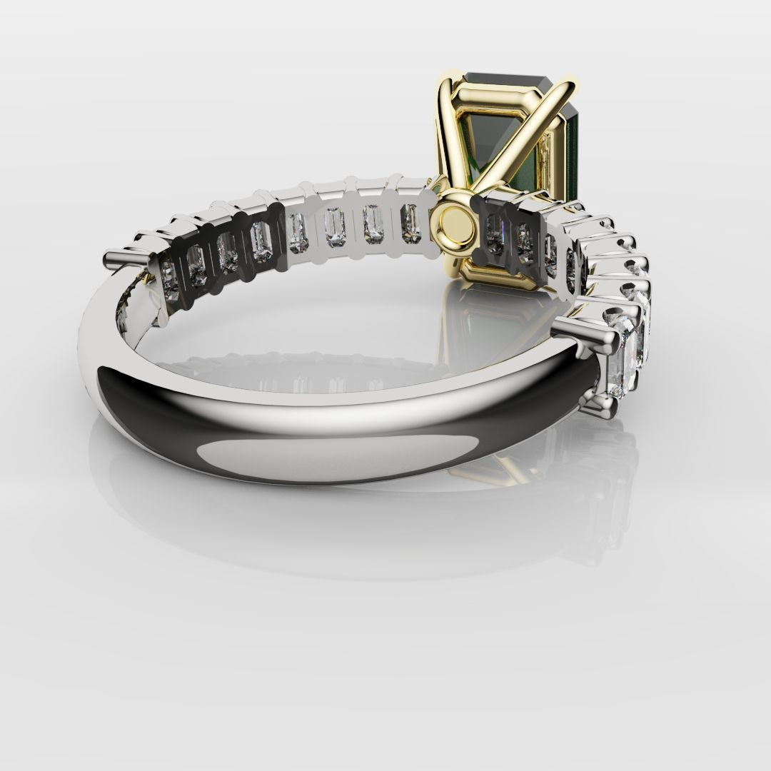Green Emerald Engagement Ring With Emerald Cut Shoulder Diamonds