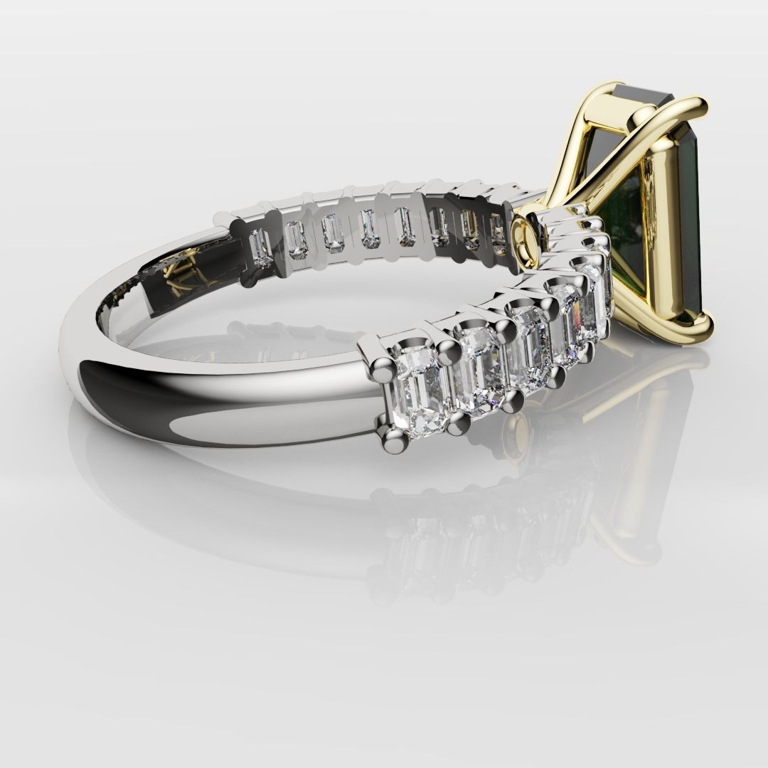 Green Emerald Engagement Ring With Emerald Cut Shoulder Diamonds