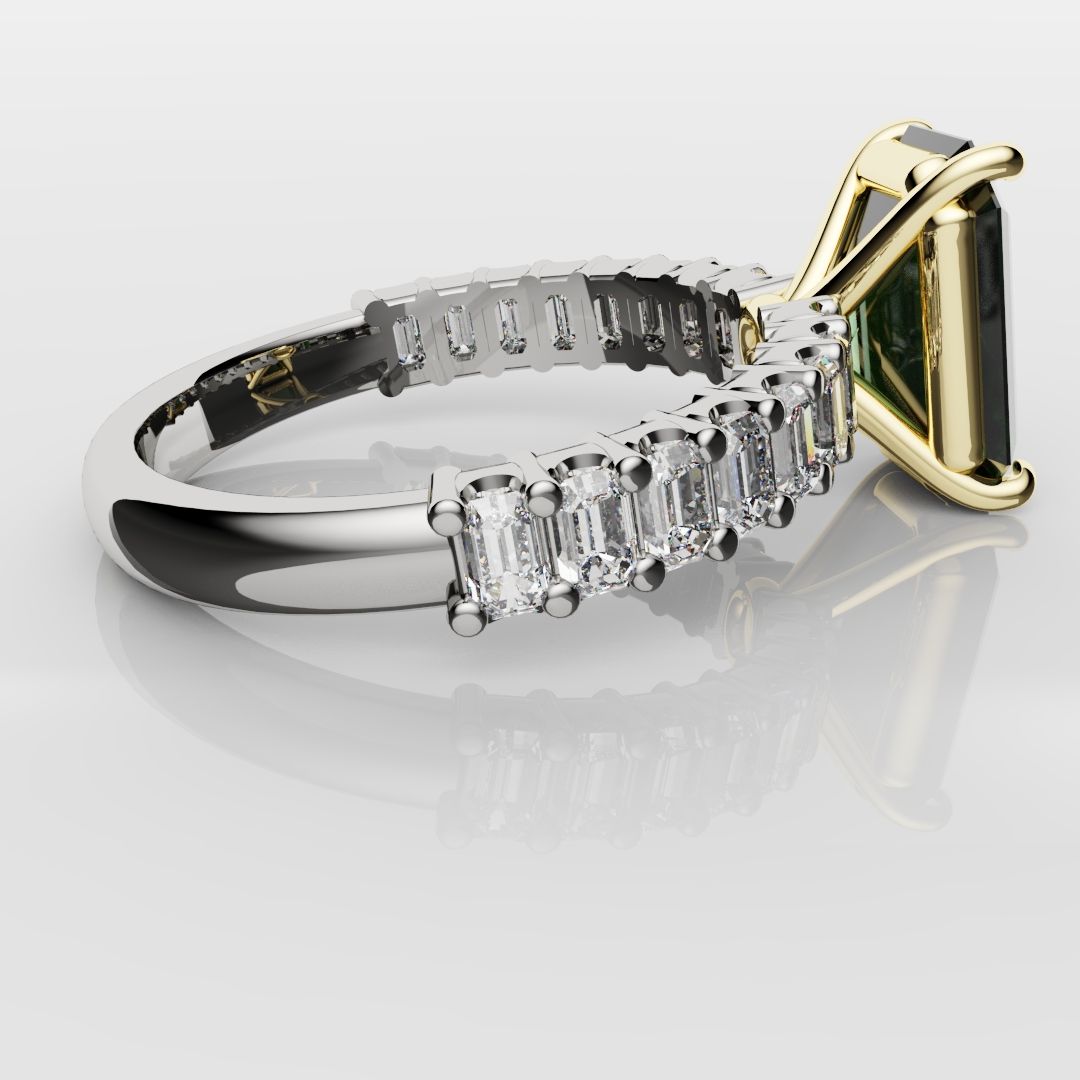 Green Emerald Engagement Ring With Emerald Cut Shoulder Diamonds