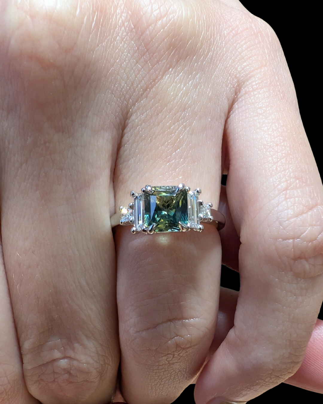 Green Sapphire and Baguette Diamond Engagement Ring