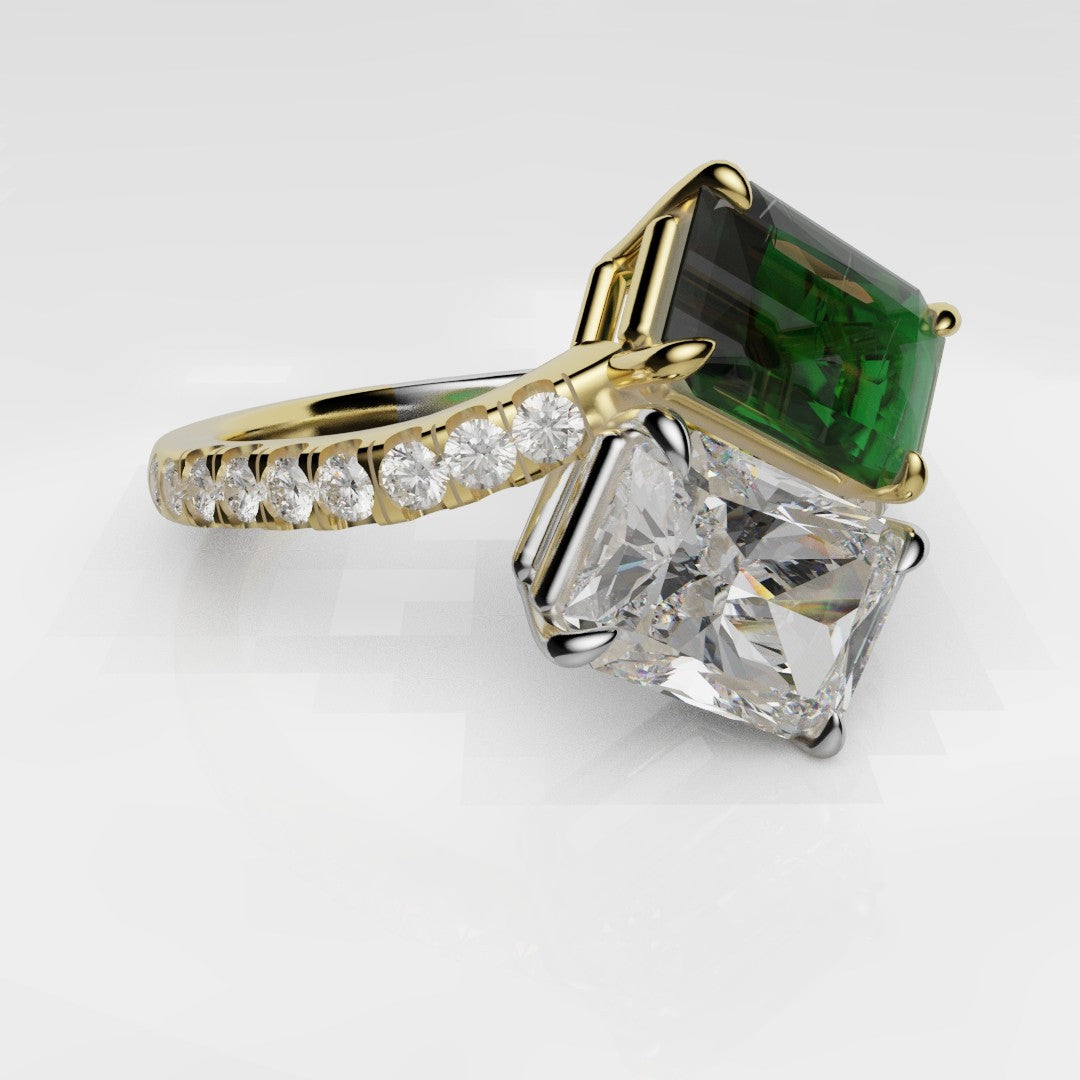 Emerald and Diamond Toi Et Moi Engagement Ring