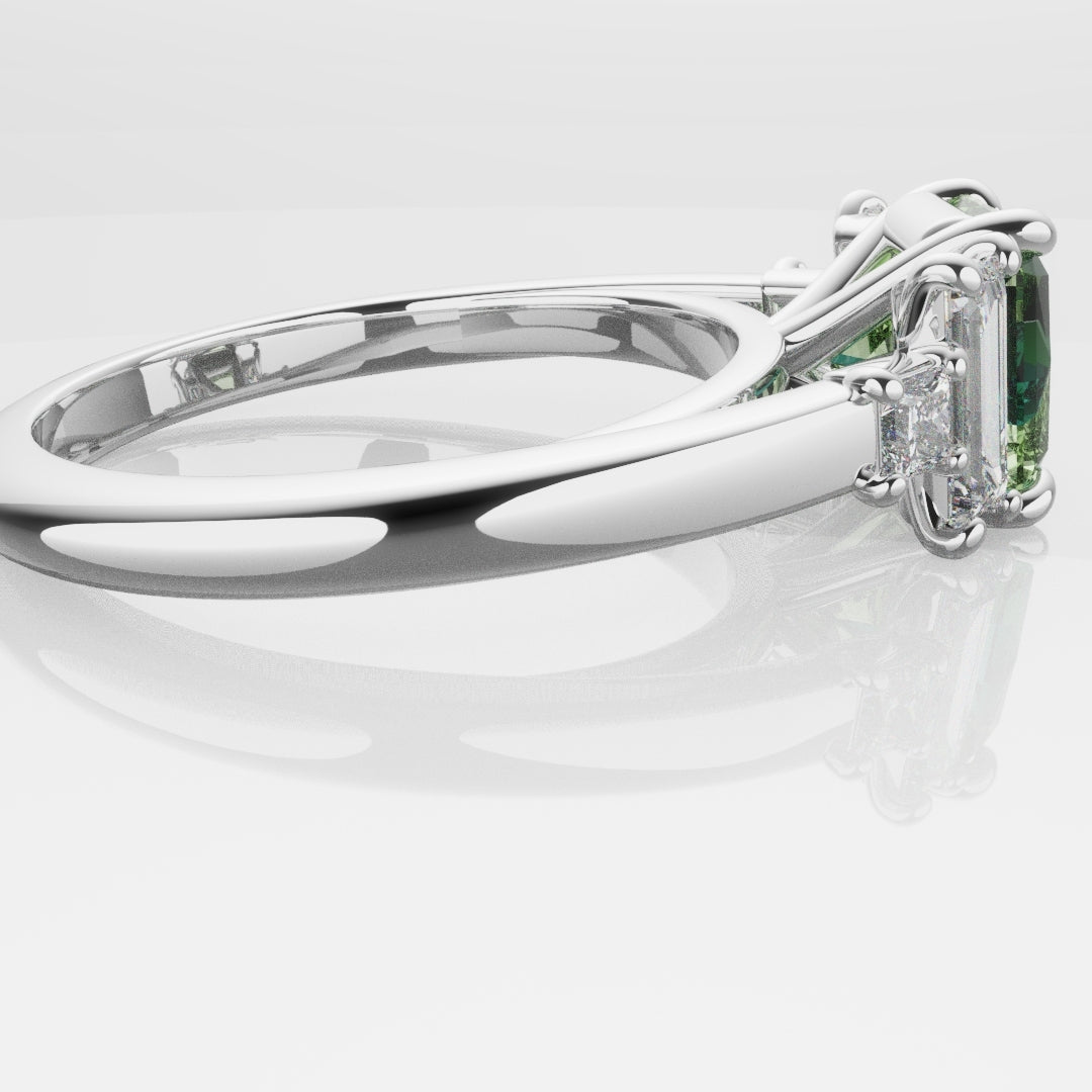 Green Sapphire and Baguette Diamond Engagement Ring