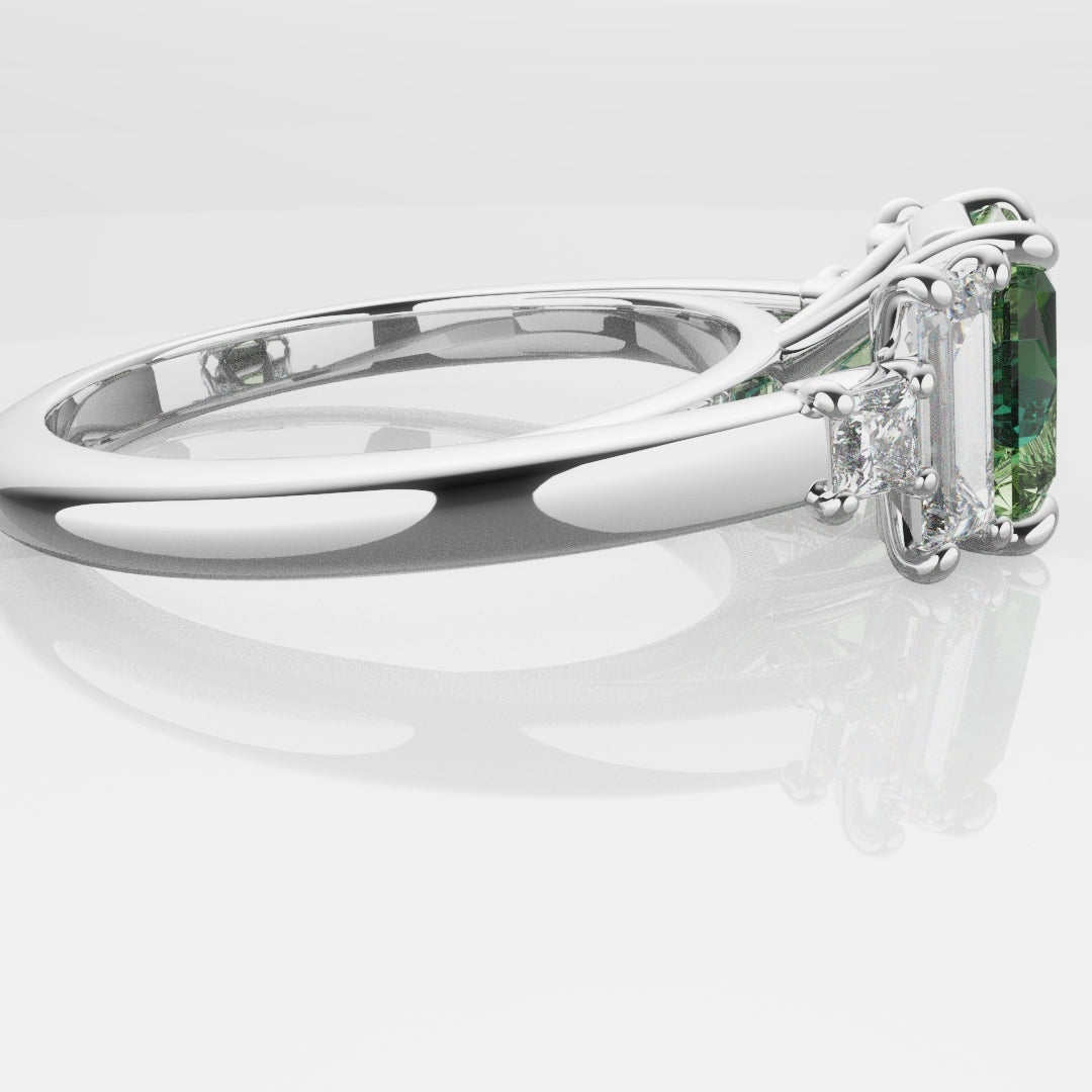 Green Sapphire and Baguette Diamond Engagement Ring
