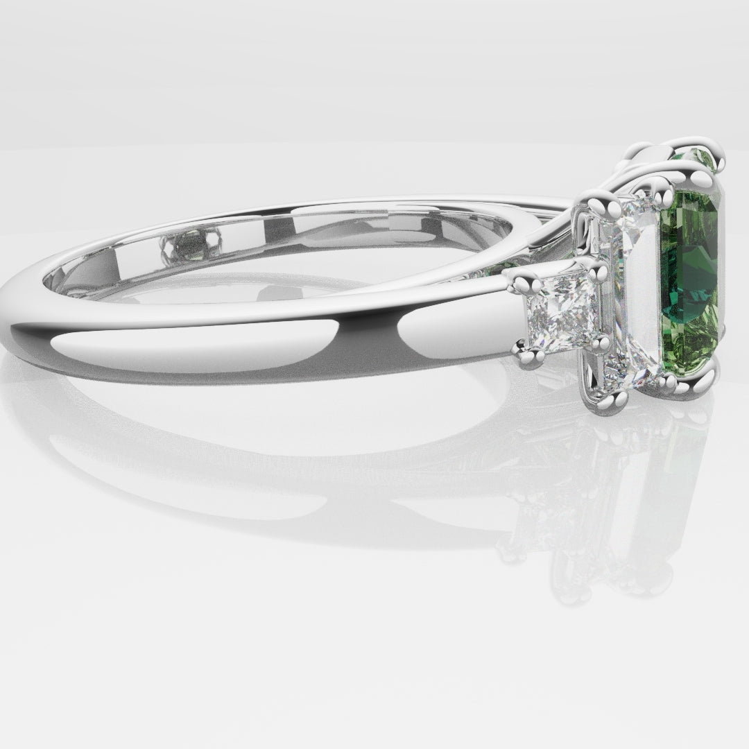 Green Sapphire and Baguette Diamond Engagement Ring