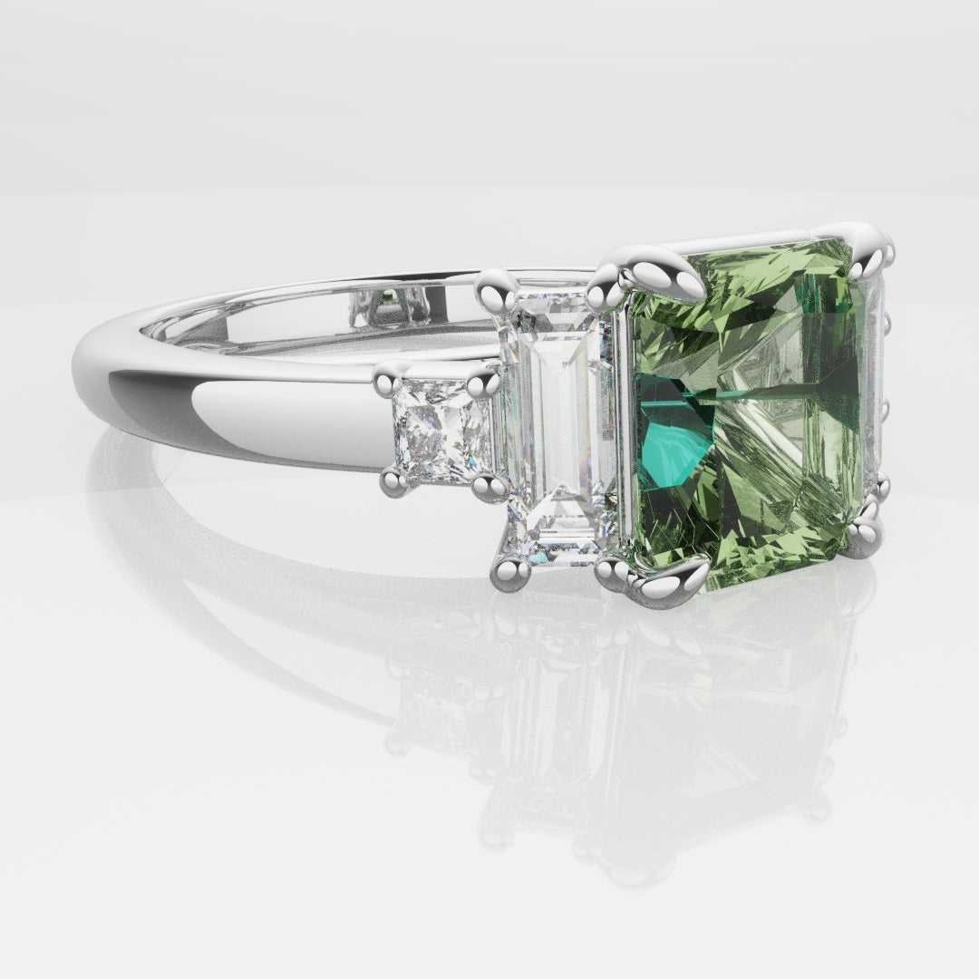 Green Sapphire and Baguette Diamond Engagement Ring