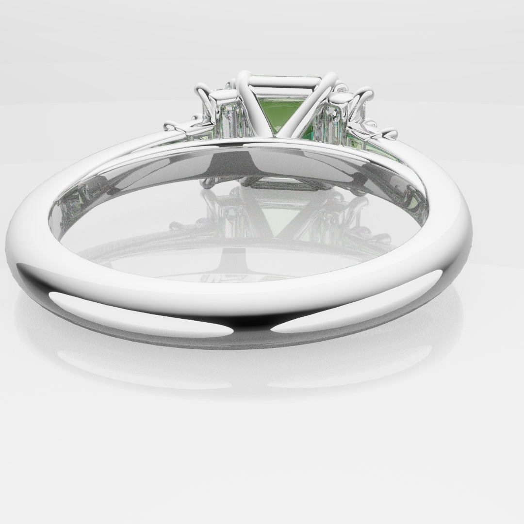 Green Sapphire and Baguette Diamond Engagement Ring