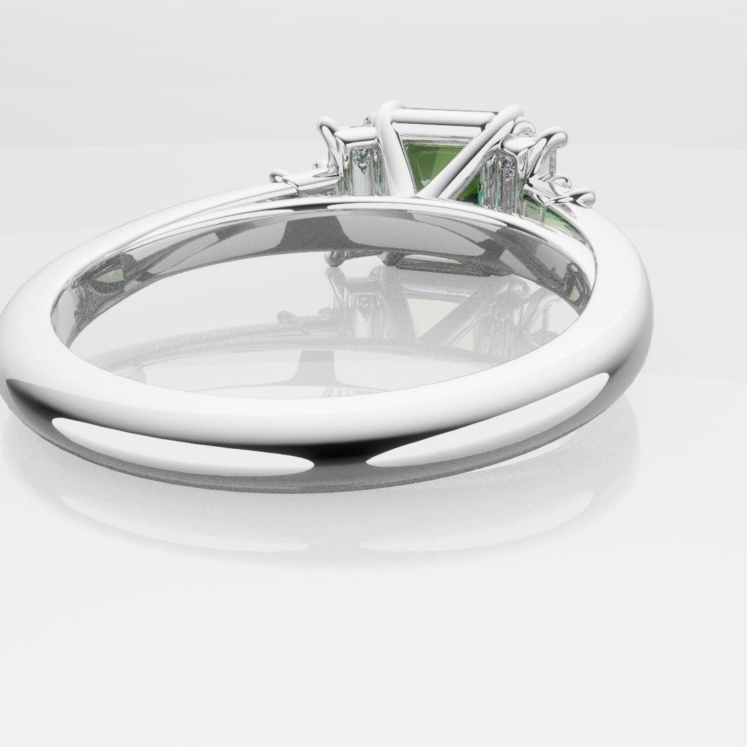 Green Sapphire and Baguette Diamond Engagement Ring