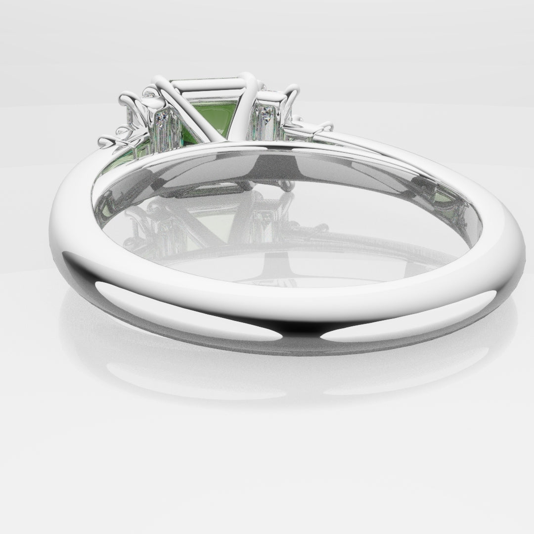Green Sapphire and Baguette Diamond Engagement Ring