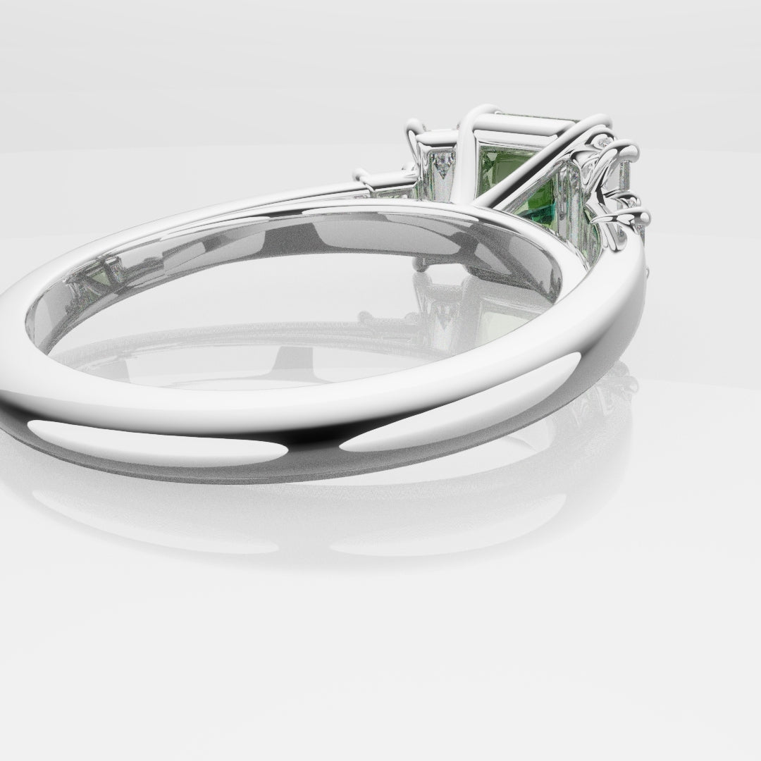 Green Sapphire and Baguette Diamond Engagement Ring