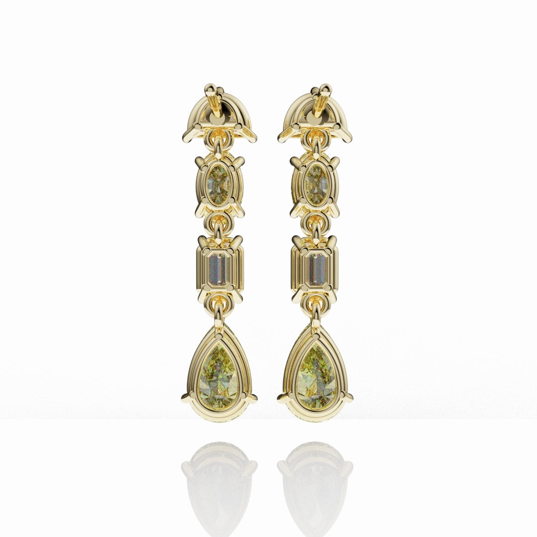 Bespoke high jewellery earrings showcasing pear-shaped fancy yellow diamonds with white diamond accents.