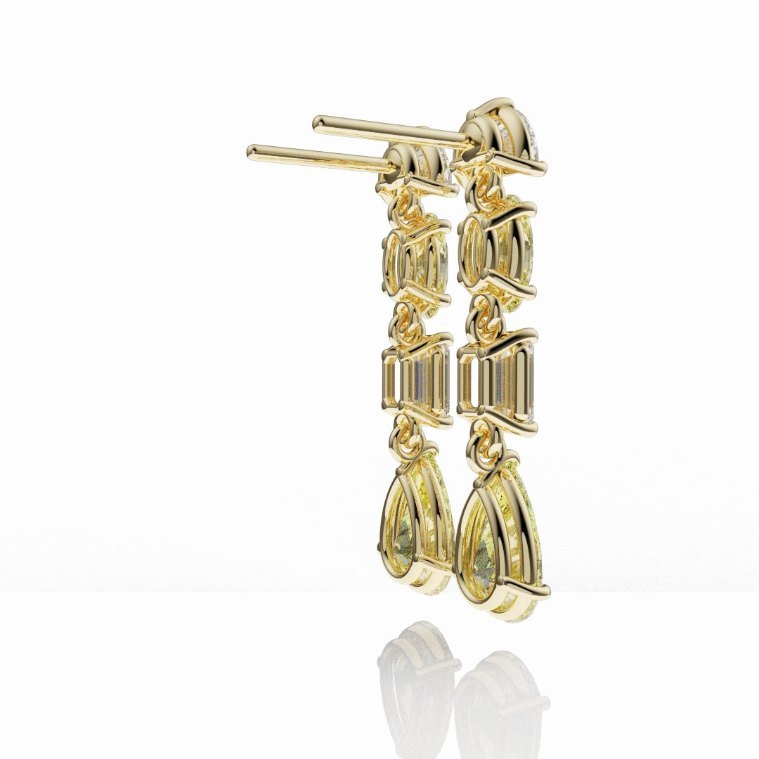 High jewellery yellow diamond earrings with pear cut drops and multi-shape diamond arrangement.
