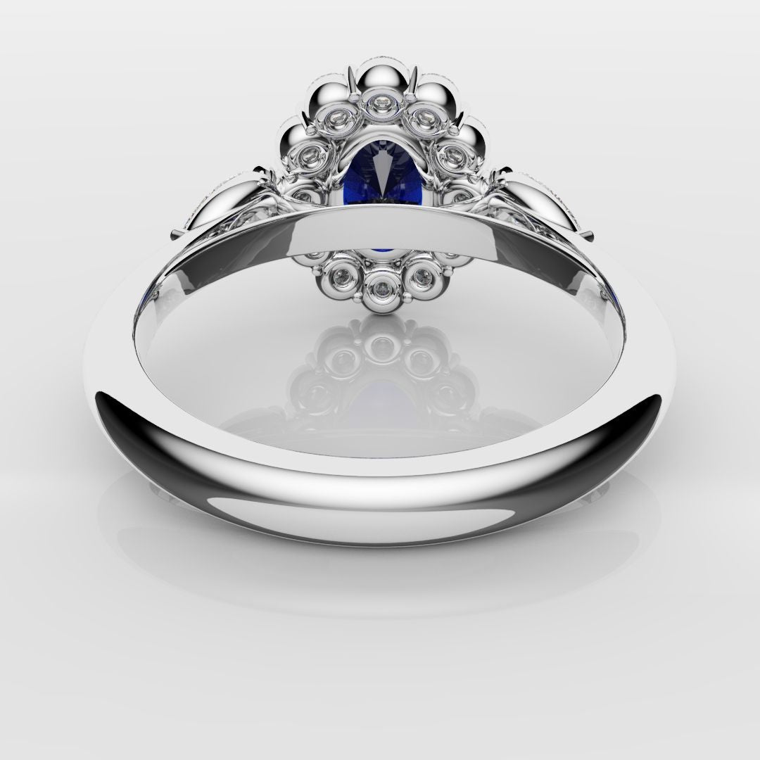 blue saphhire halo engagement ring