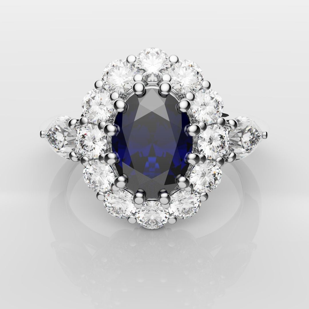 Oval Sapphire Cluster With Pear Shoulder Diamonds