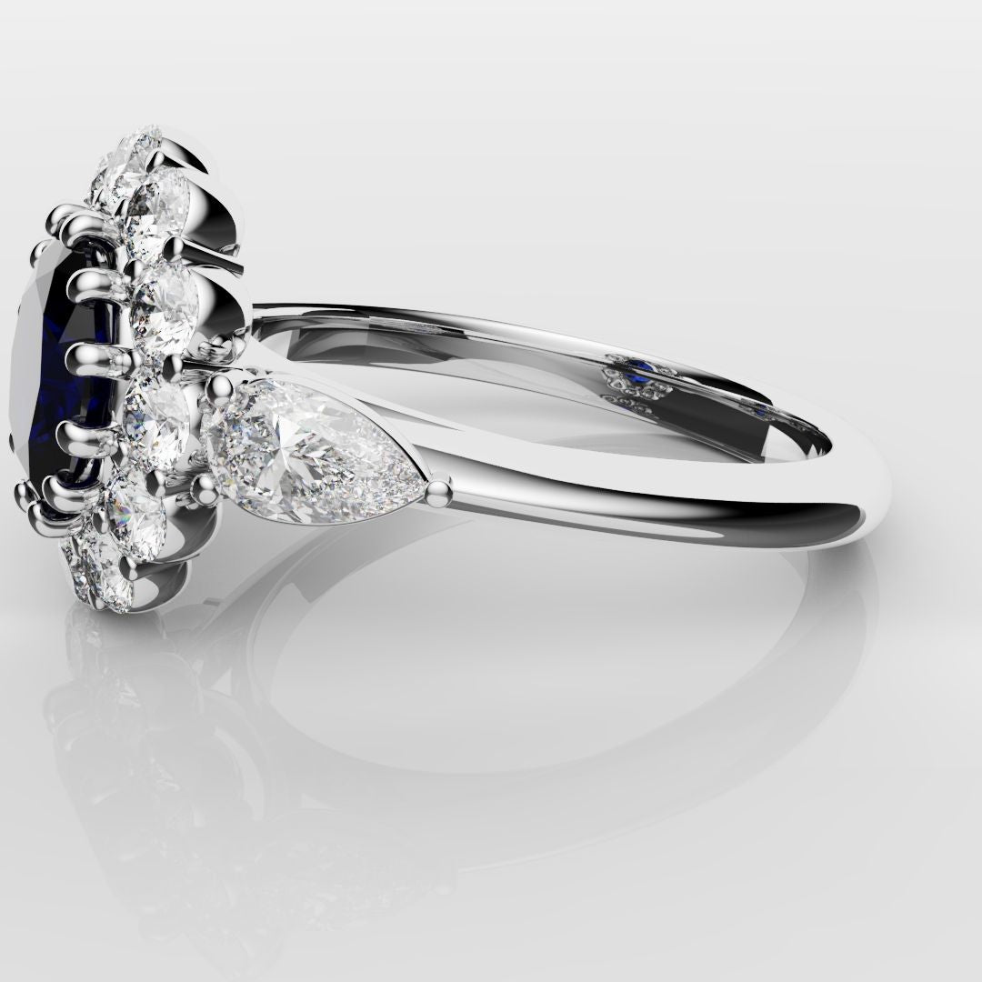 Oval Sapphire Cluster With Pear Shoulder Diamonds