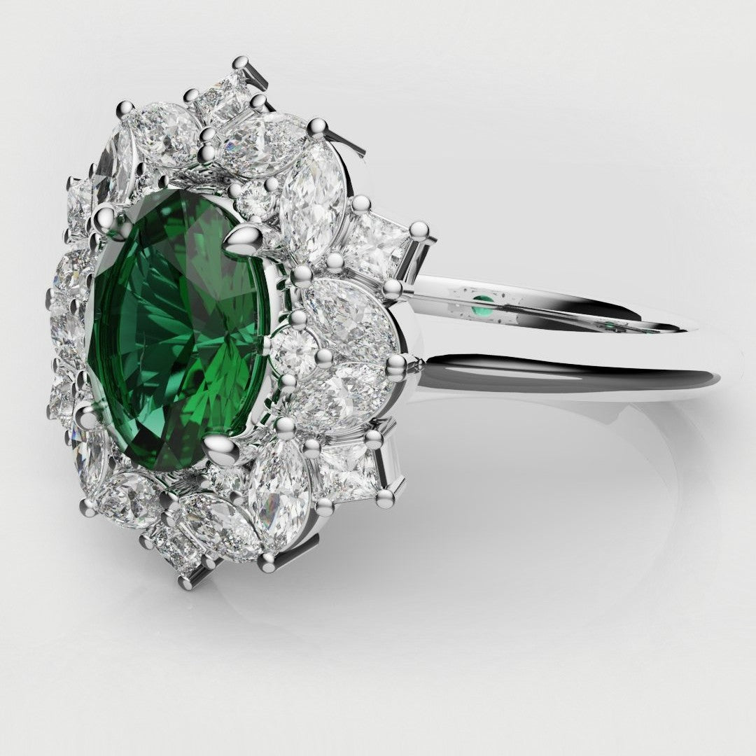 Unique Green Emerald Oval Halo Engagement Ring