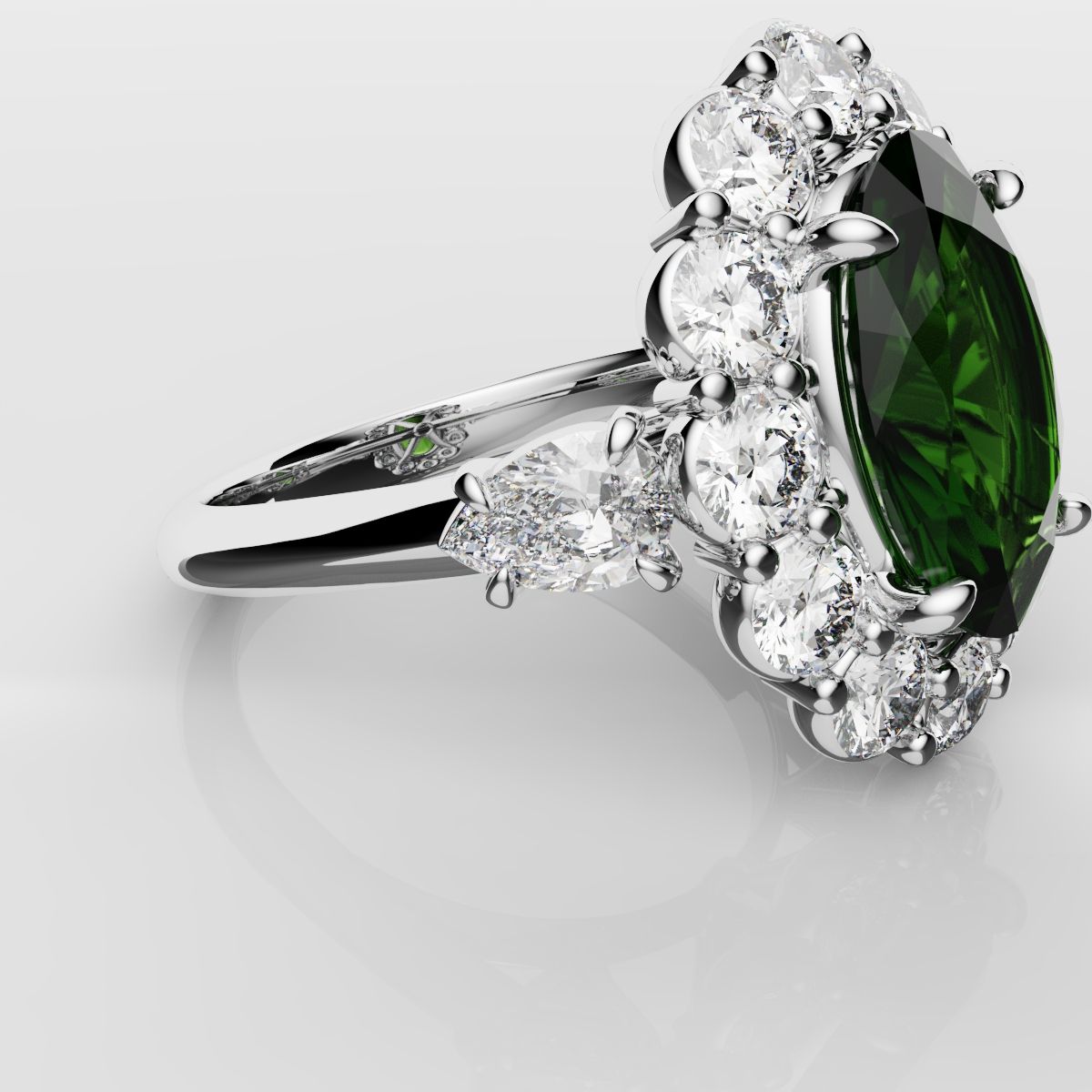 Oval Emerald Cluster Engagement Ring With Pear Shoulder Diamonds