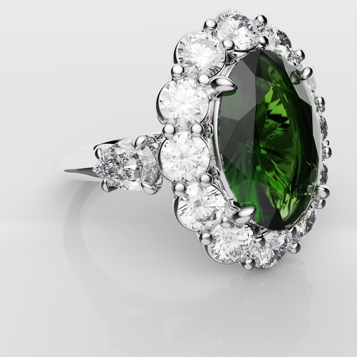Oval Emerald Cluster Engagement Ring With Pear Shoulder Diamonds