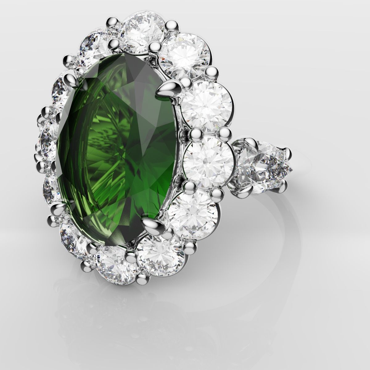 Oval Emerald Cluster Engagement Ring With Pear Shoulder Diamonds