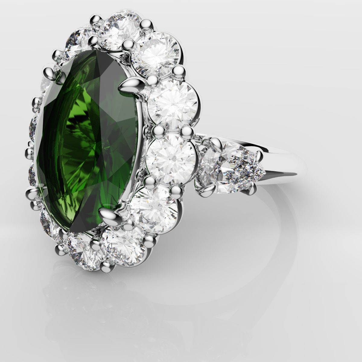 Oval Emerald Cluster Engagement Ring With Pear Shoulder Diamonds