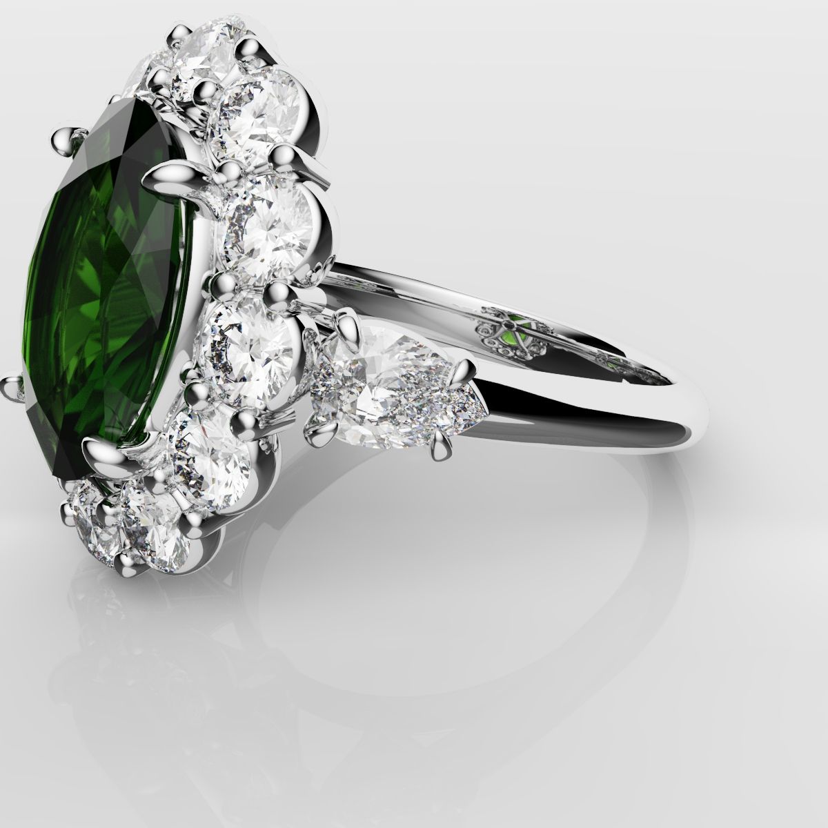 Oval Emerald Cluster Engagement Ring With Pear Shoulder Diamonds