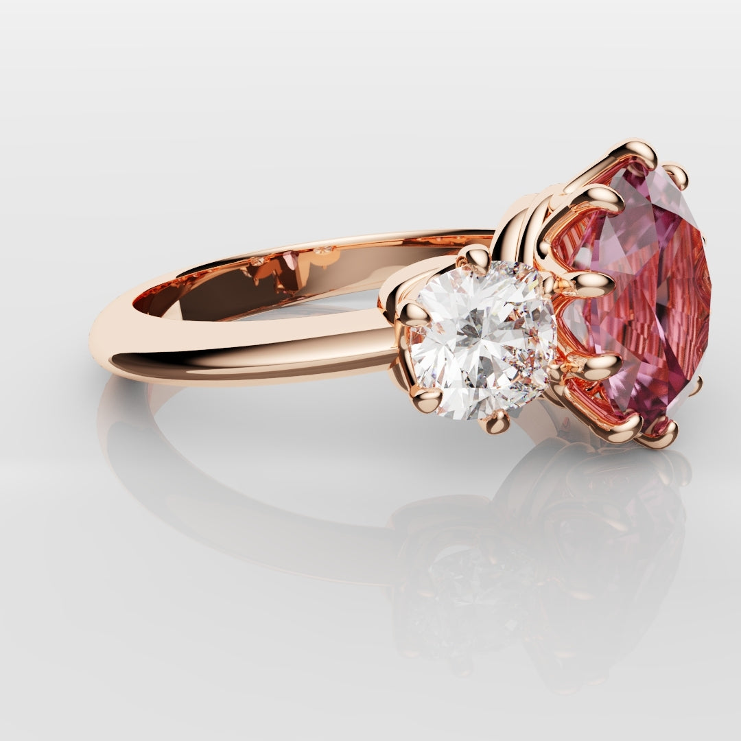 Oval Pink Sapphire With Cushion Cut Shoulder Diamonds