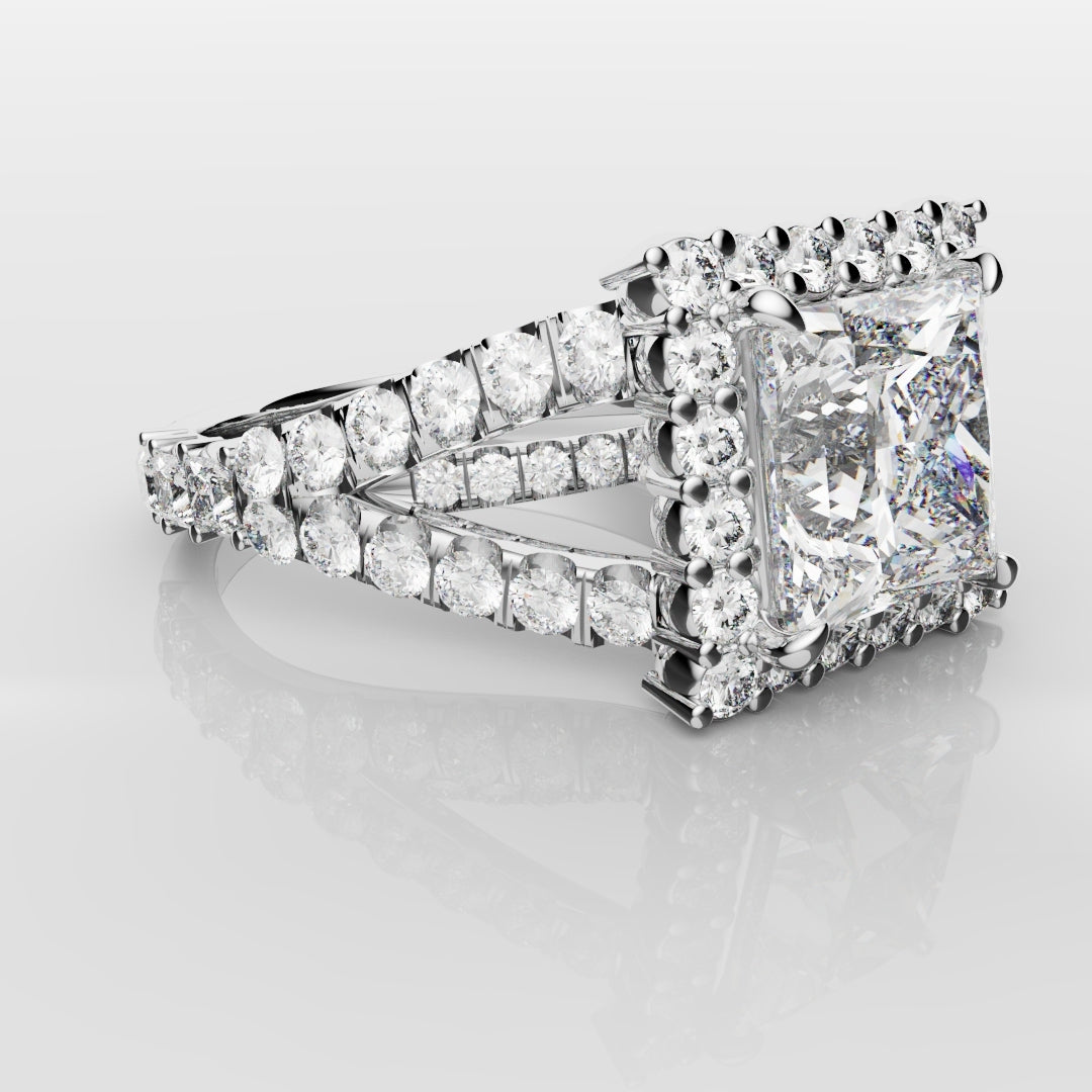 Princess Cut Split Shank Halo Engagement Ring