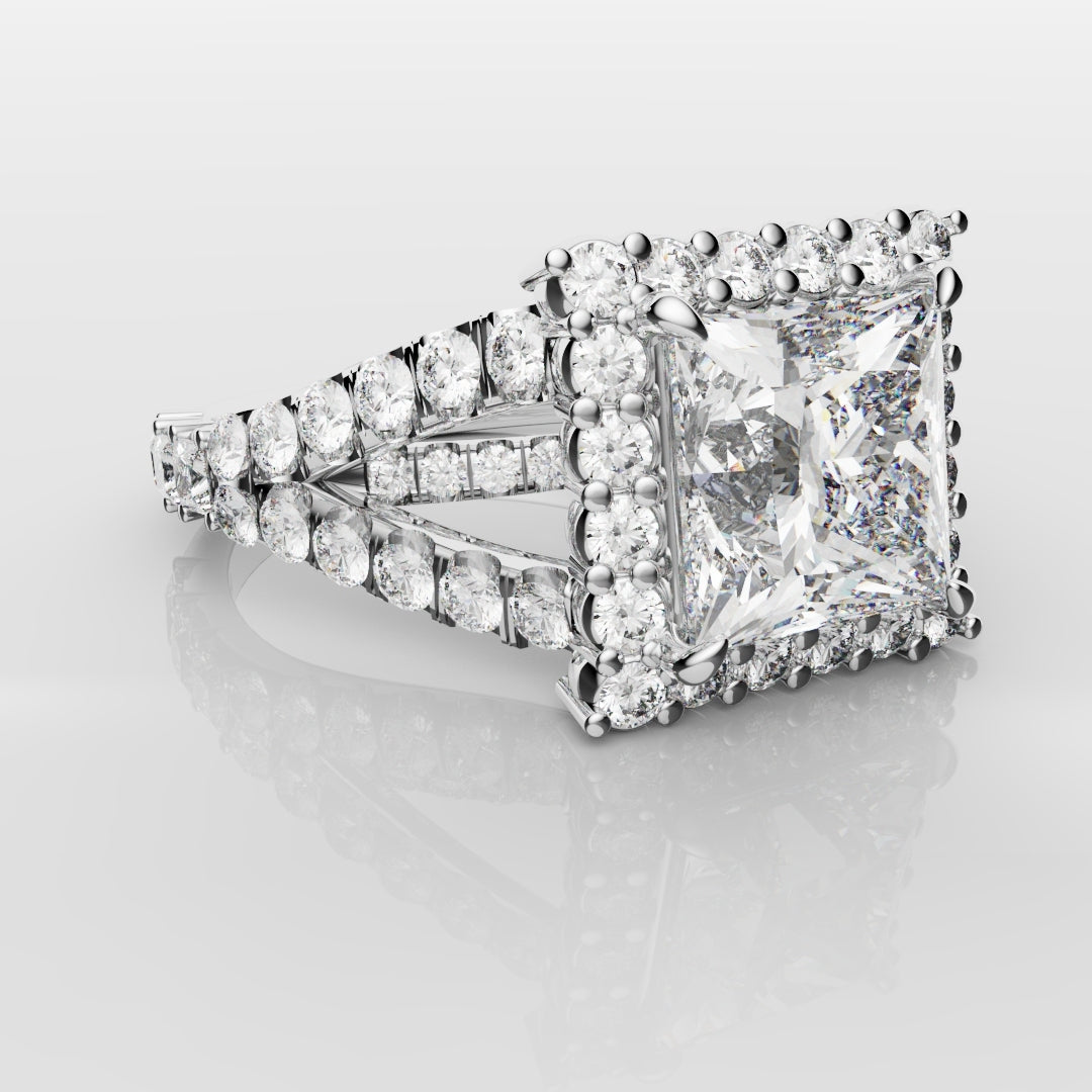 Princess Cut Split Shank Halo Engagement Ring