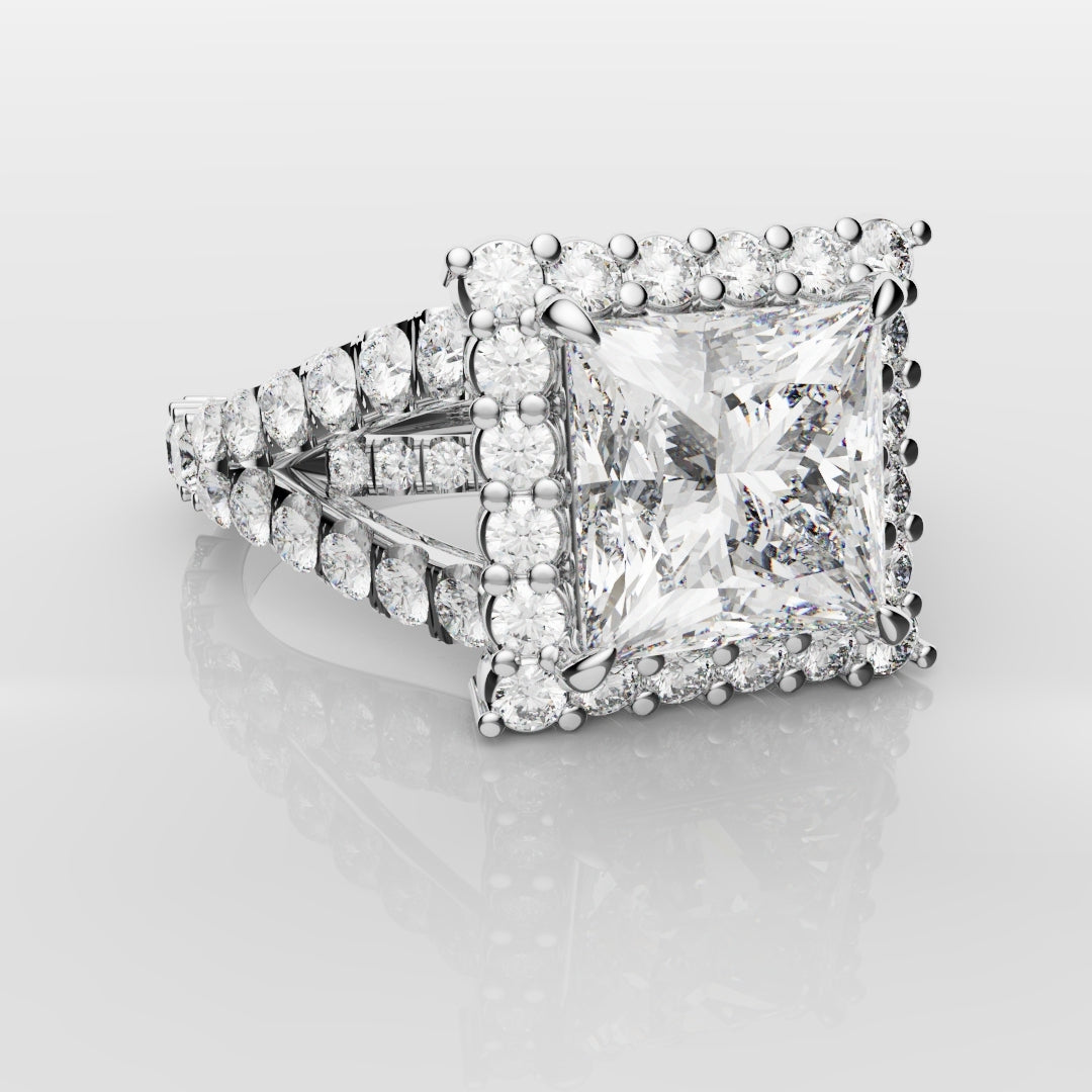 Princess Cut Split Shank Halo Engagement Ring