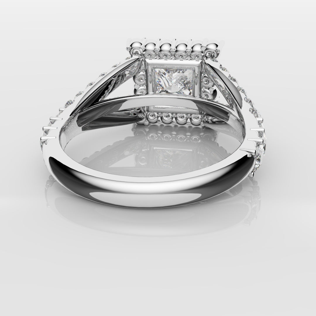 Princess Cut Split Shank Halo Engagement Ring