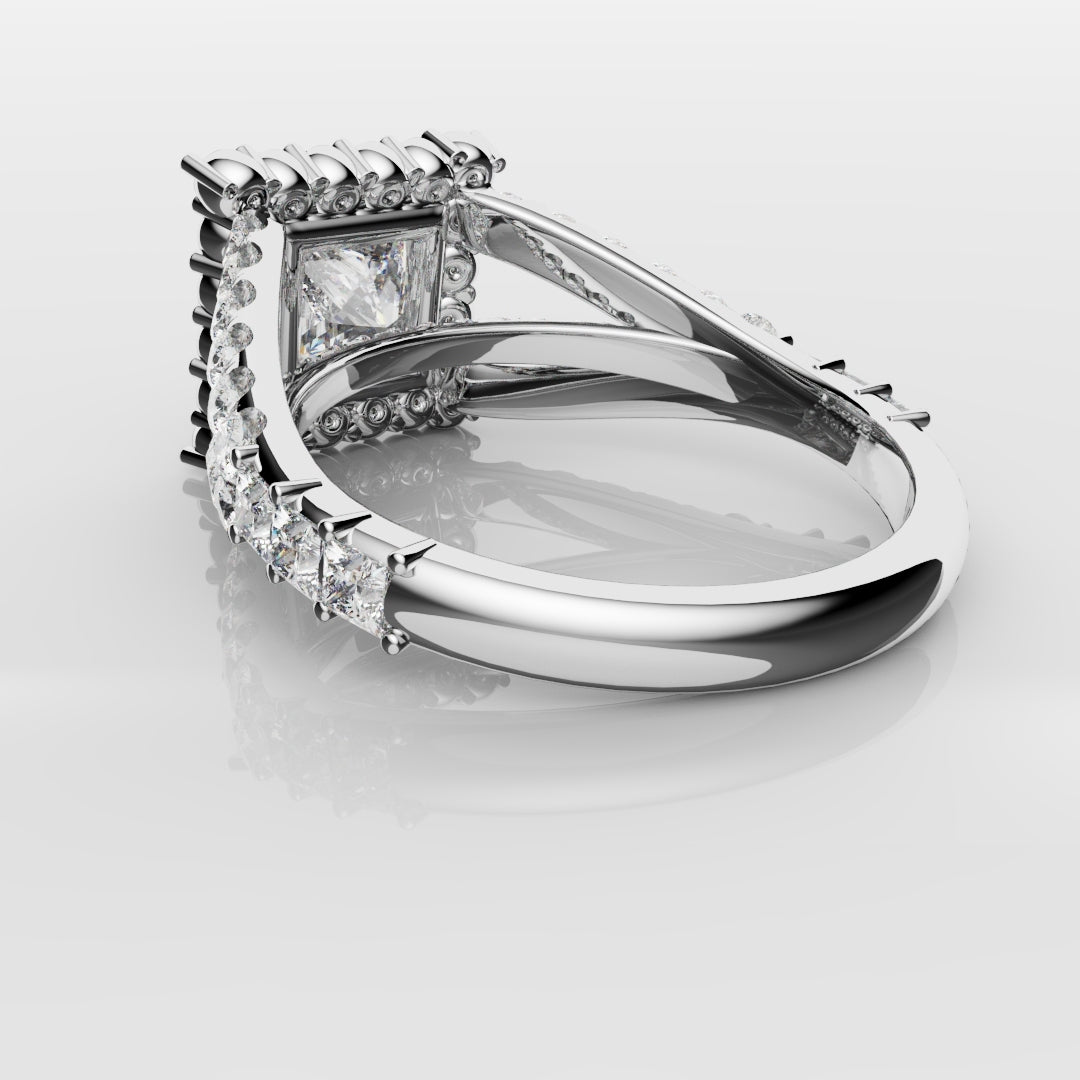Princess Cut Split Shank Halo Engagement Ring