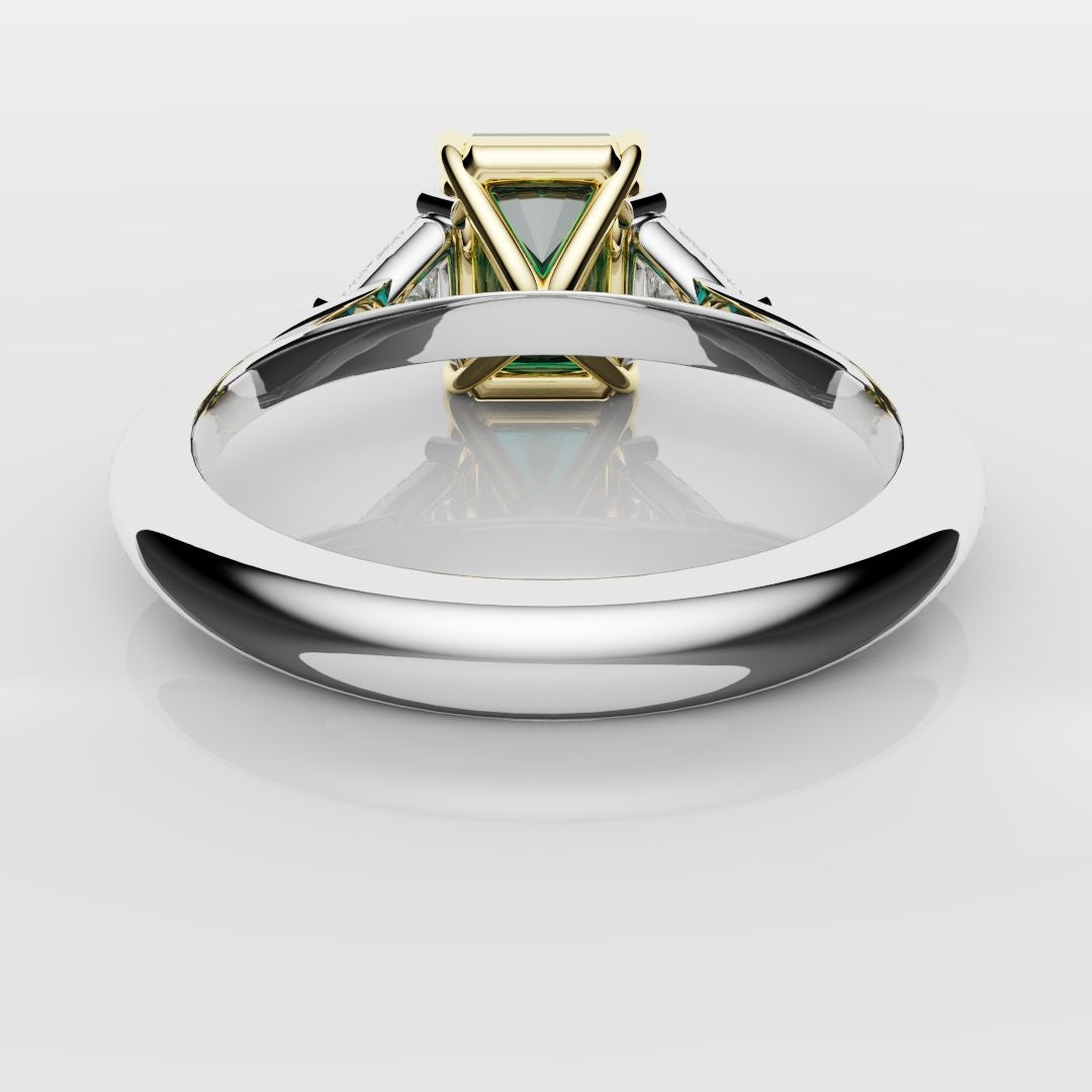 bespoke radiant cut teal sapphire engagement ring with trilliant shoulder diamonds