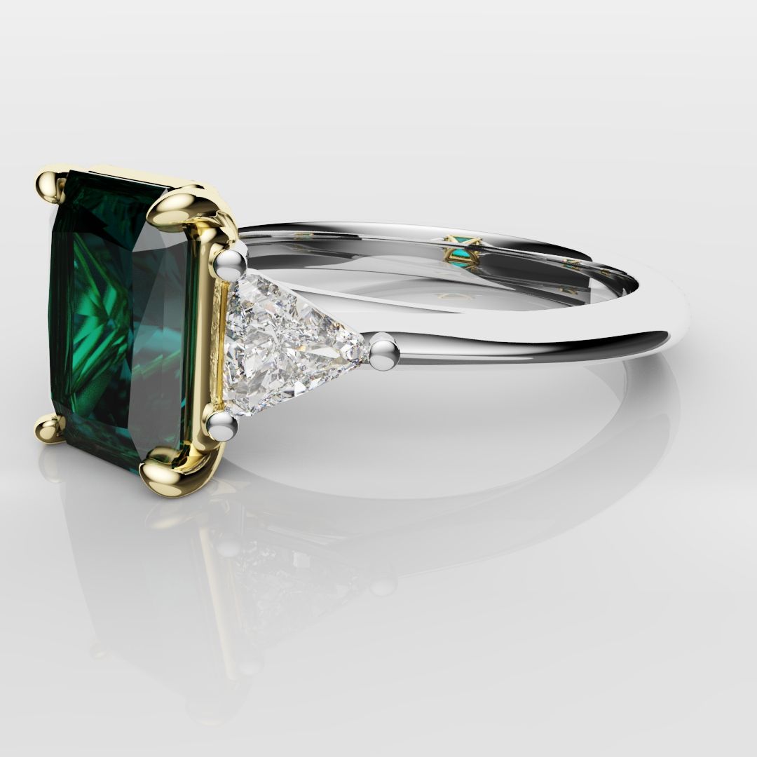 Radiant Cut Teal Sapphire with Trilliant Shoulder Diamonds