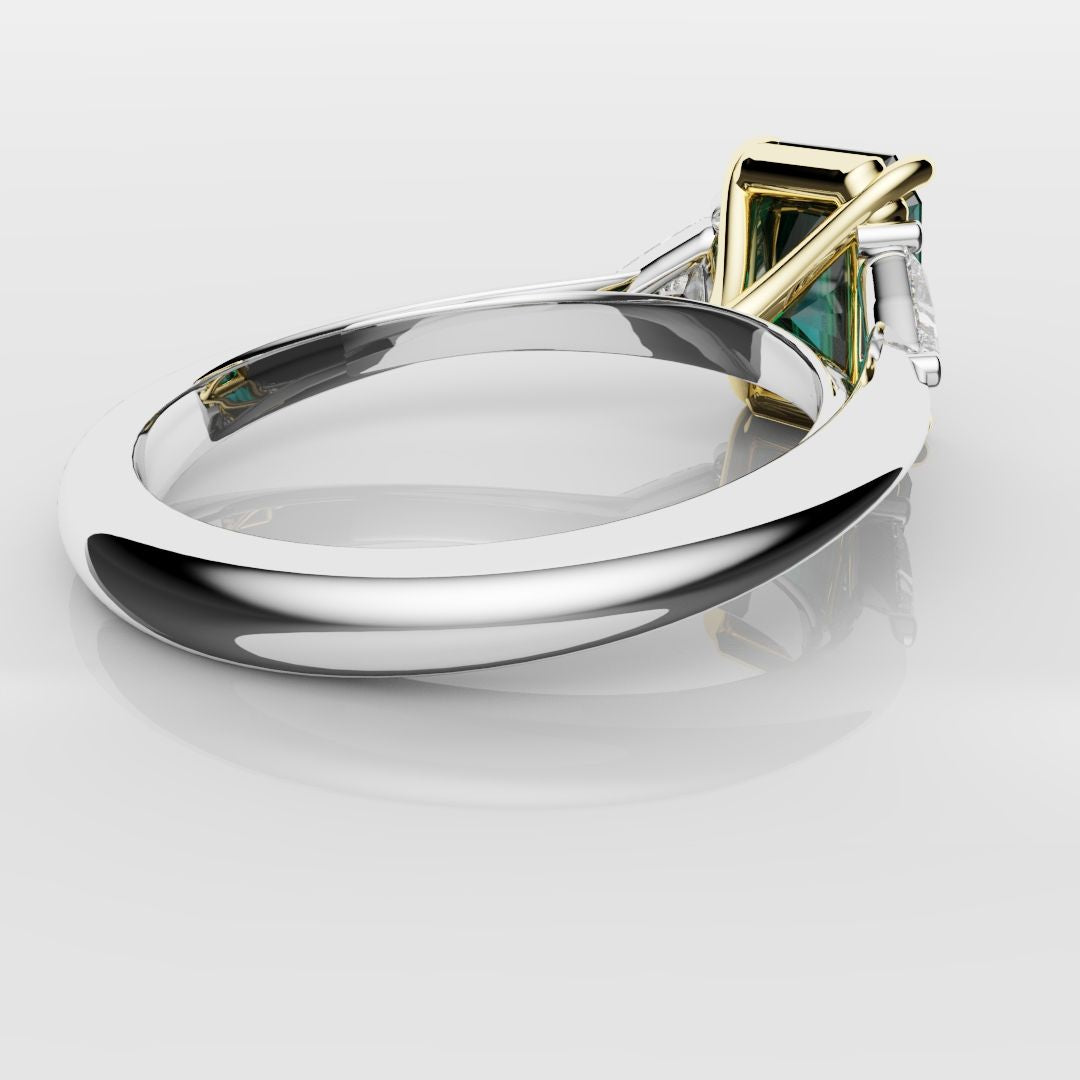 Radiant Cut Teal Sapphire with Trilliant Shoulder Diamonds