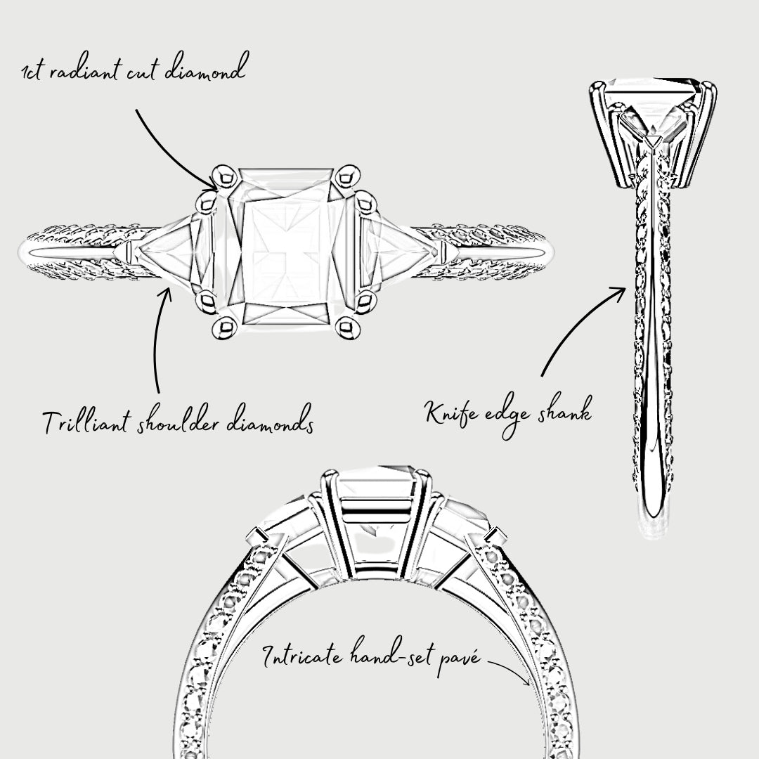 sketch of bespoke radiant cut dimaond trilogy engagement ring