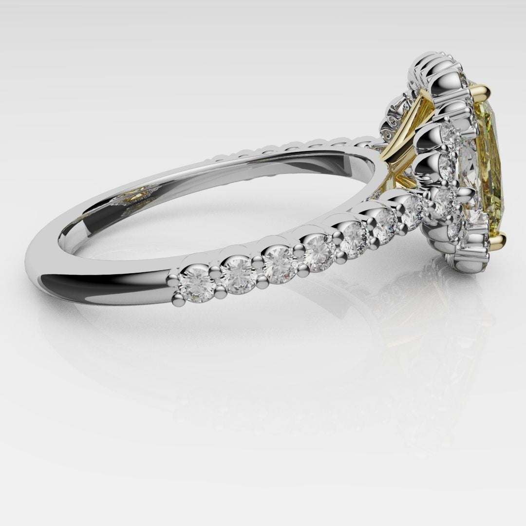 Radiant Cut Fancy Yellow Engagement Ring With Half Moon Shoulder Diamonds