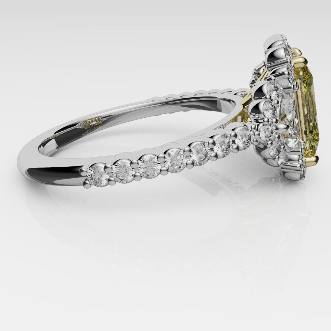 Radiant Cut Fancy Yellow Engagement Ring With Half Moon Shoulder Diamonds