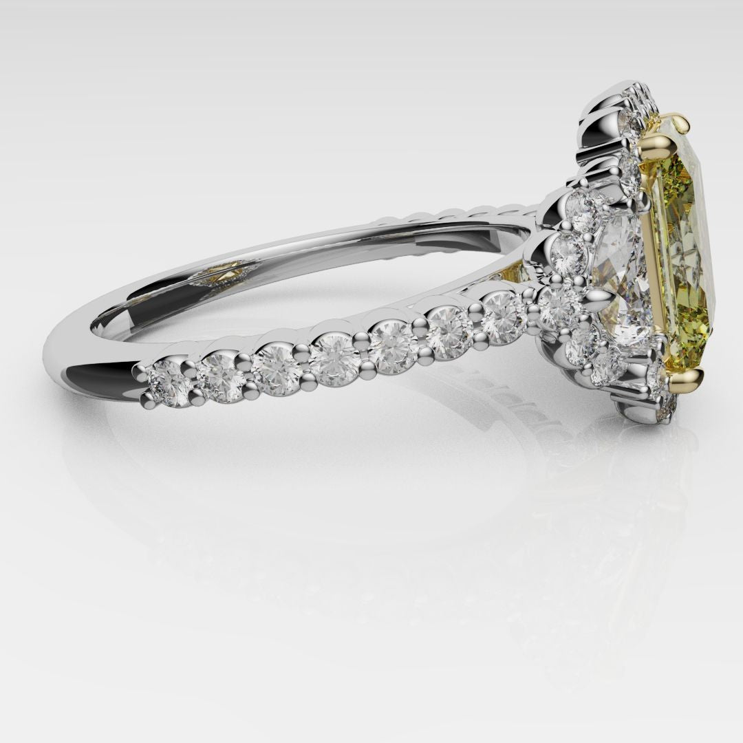 Radiant Cut Fancy Yellow Engagement Ring With Half Moon Shoulder Diamonds