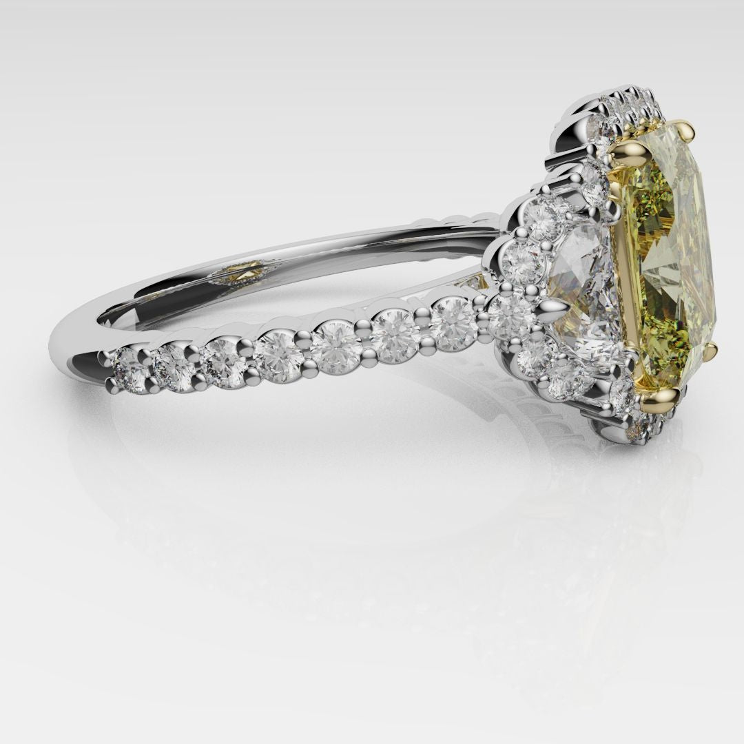 Radiant Cut Fancy Yellow Engagement Ring With Half Moon Shoulder Diamonds