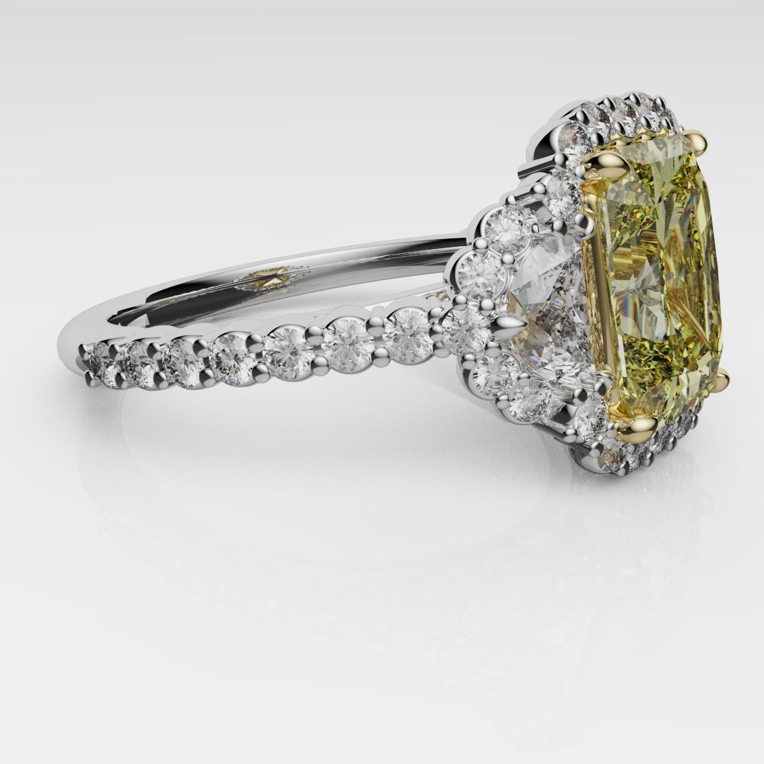 Radiant Cut Fancy Yellow Engagement Ring With Half Moon Shoulder Diamonds