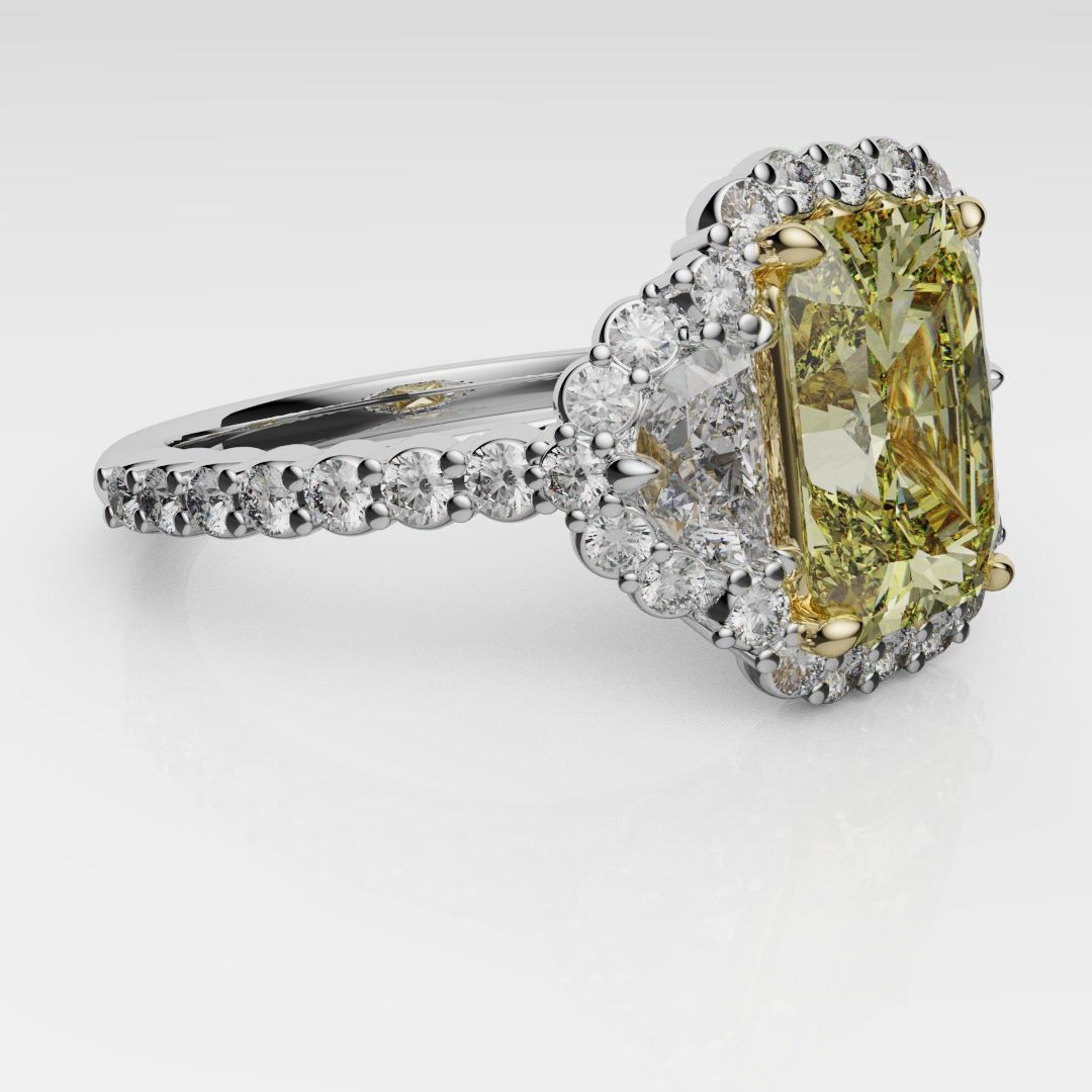 Radiant Cut Fancy Yellow Engagement Ring With Half Moon Shoulder Diamonds