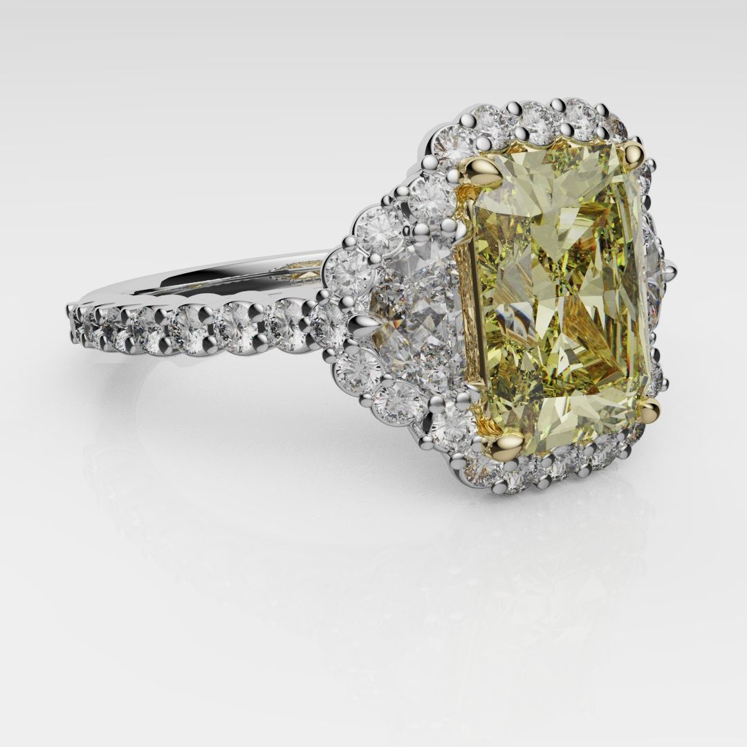 Radiant Cut Fancy Yellow Engagement Ring With Half Moon Shoulder Diamonds