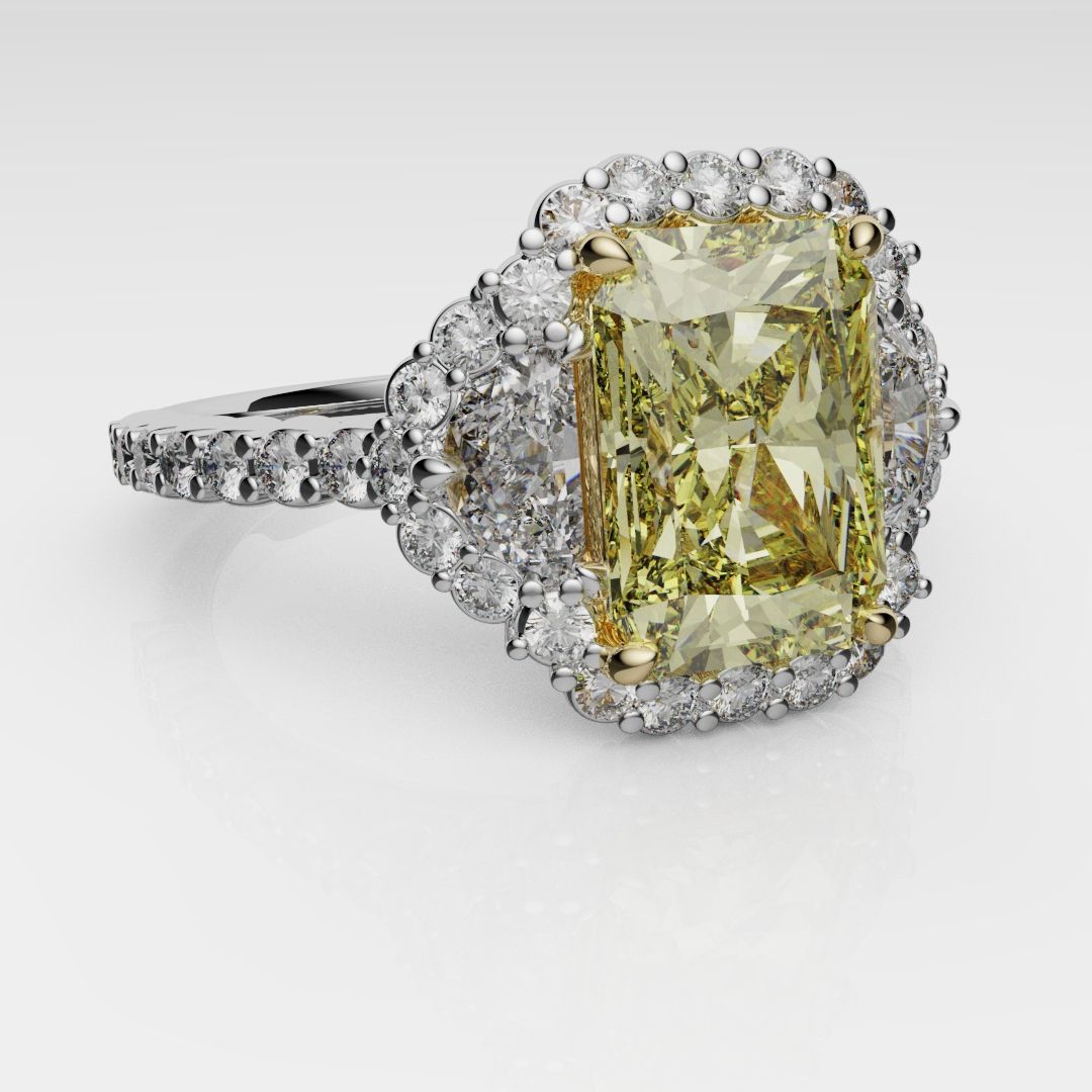 Radiant Cut Fancy Yellow Engagement Ring With Half Moon Shoulder Diamonds
