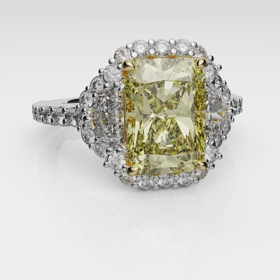 Radiant Cut Fancy Yellow Engagement Ring With Half Moon Shoulder Diamonds
