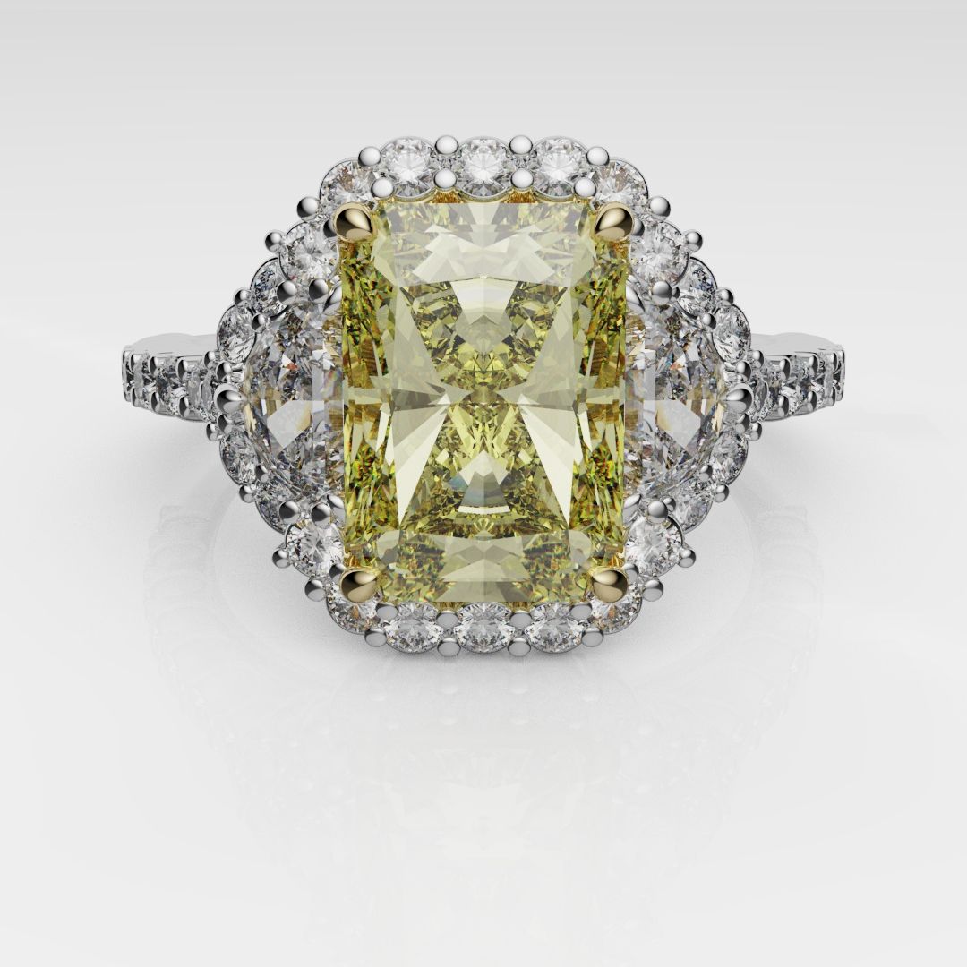 Radiant Cut Fancy Yellow Engagement Ring With Half Moon Shoulder Diamonds
